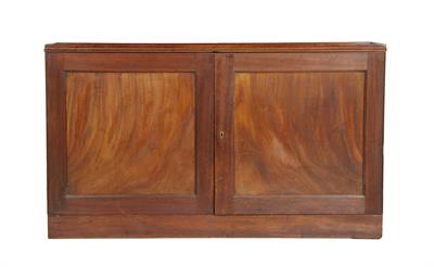 Lot 212 - AN EARLY 19TH CENTURY MAHOGANY ESTATE CUPBOARD with a pair of panelled doors enclosing fitted interi