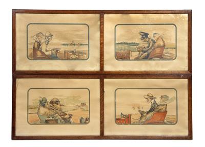 Lot 225 - A PAIR OF FRENCH EARLY 20TH CENTURY HUMOROUS COLOURED LITHOGRAPHIC PRINTS depicting four different s