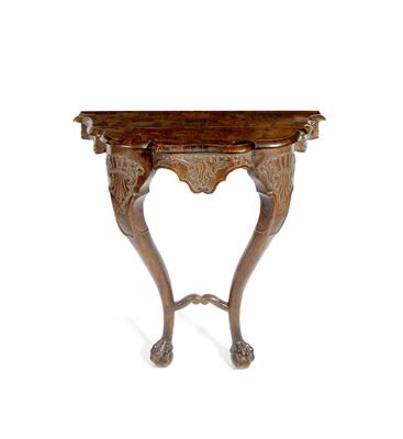 Lot 231 - AN ANTIQUE WALNUT CONSOLE TABLE with a shaped serpentine top with decorative stringing