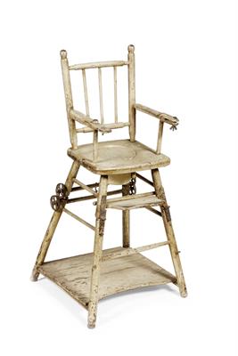 Lot 232 - A VICTORIAN PAINTED PINE CHILD'S HIGH CHAIR with spindle back and open arms and commode seat