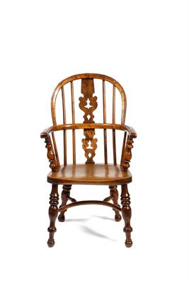 Lot 239 - A VICTORIAN MINIATURE YEW AND ELM WINDSOR ARMCHAIR with pierced splat and turned front supports to t