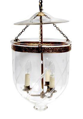 Lot 247 - A REGENCY STYLE GLASS HALL LANTERN of bowl form with pressed brass mounts