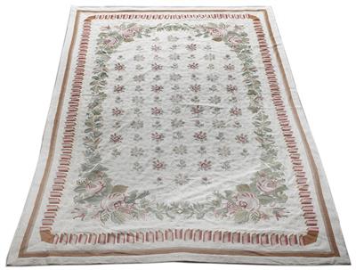 Lot 248 - A CREAM GROUND NEEDLEWORK RUG centrally decorated with roses within a floral border with further dec