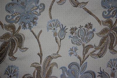 Lot 250 - A PAIR OF CREAM GROUND CURTAINS with scrolling acanthus decoration interspersed with cornflowers