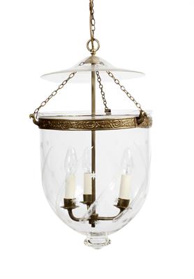 Lot 252 - A REGENCY STYLE CUT GLASS HANGING HALL LANTERN the bowl with star and fern leaf decoration and a pre