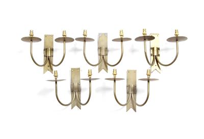 Lot 254 - A GROUP OF FIVE CONTEMPORARY BRASS TWO BRANCH WALL LIGHTS 22cm high