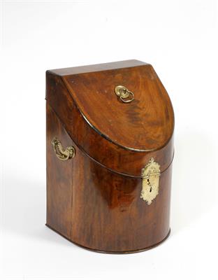 Lot 260 - A GEORGE III MAHOGANY BOW FRONTED KNIFE BOX with handle to the lid and handles to the side and the r