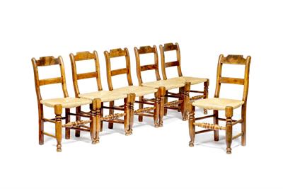 Lot 265 - A SET OF SIX 19TH CENTURY NORTH COUNTRY DINING CHAIRS with shaped cresting rails and horizontal spla