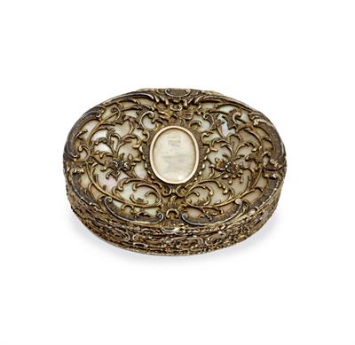 Lot 288 - A CONTINENTAL SILVER AND MOTHER OF PEARL SNUFF BOX with scrolling floral decoration