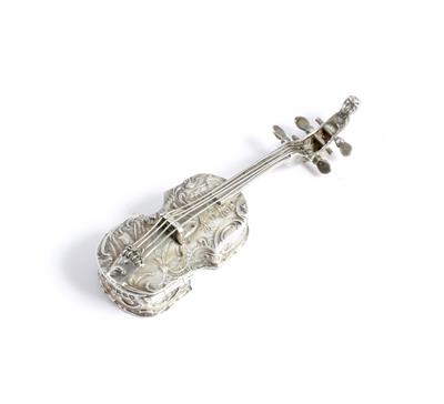 Lot 297 - AN ANTIQUE CONTINENTAL SILVER PILL BOX in the form of a cello with oriental decoration