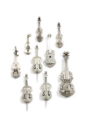 Lot 300 - A GROUP OF CONTINENTAL WHITE METAL MINIATURE MUSICAL INSTRUMENTS