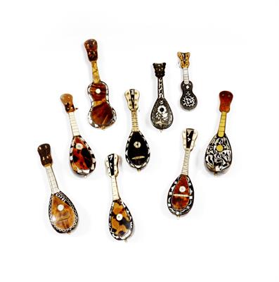 Lot 302 - A GROUP OF LATE 19TH CENTURY ITALIAN TORTOISE SHELL BONE AND MOTHER OF PEARL MINIATURE MUSICAL INSTR