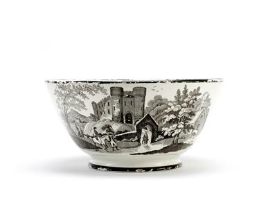 Lot 313 - A LATE 18TH / EARLY 19TH CENTURY ENGLISH CREAM WARE PUNCH BOWL decorated with black and white printe