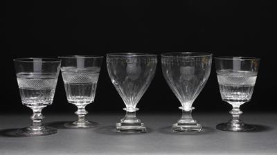 Lot 385 - A PAIR OF GEORGIAN GLASS RUMMERS each with etched crests and square stepped bases 14cm in height tog