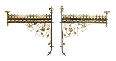 Lot 392 - A PAIR OF VICTORIAN WROUGHT IRON and wrought brass architectural lamp brackets with pierced fleur de