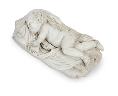 Lot 393 - A 19 TH CENTURY CARVED MARBLE SCULPTURE of a child resting amongst drapery 53cm wide