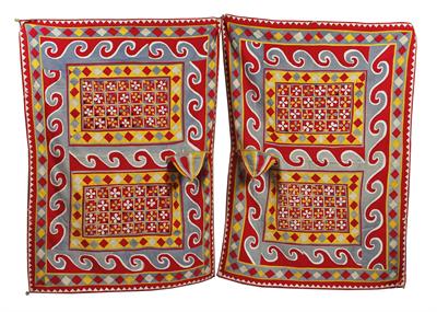 Lot 399 - A PAIR OF INDIAN MULTI COLOURED APPLIQUE WORK BULLOCK COVERS