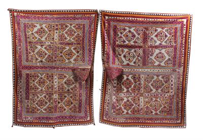 Lot 401 - A PAIR OF INDIAN GUJARAT BULLOCK COVERS decorated with multicoloured stars within squared borders wi