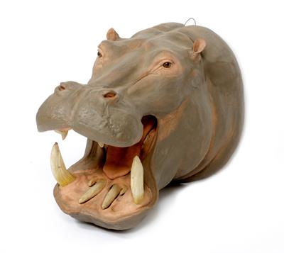 Lot 407 - A FIBRE-GLASS AND RESIN SCULPTURE OF THE HEAD OF A HIPPOPOTAMUS