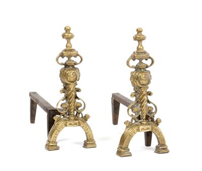 Lot 416 - A PAIR OF OLD CAST BRASS AND WROUGHT IRON FIRE DOGS with urn and scroll decoration to the front each