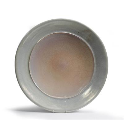 Lot 430 - JOHN DUNN (b.1944) A PINK AND SILVER LUSTRE RAKU GLAZED CIRCULAR CHARGER 58cm diameter