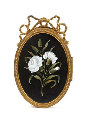 Lot 435 - A 19TH CENTURY ITALIAN PIETRA DURA SET OVAL GILT METAL PICTURE FRAME with scrolling cord cresting