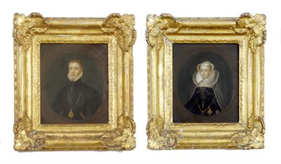 Lot 449 - A PAIR OF ANTIQUE ENGLISH SCHOOL HALF LENGTH PORTRAITS of a young woman and a young man