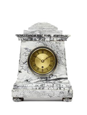 Lot 450 - A WILLIAM IV GREY AND BLACK VEINED MARBLE MANTLE CLOCK or timepiece