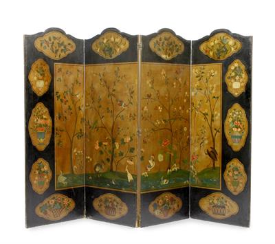 Lot 451 - AN OLD PAINTED CANVAS FOUR FOLD SCREEN centrally decorated with exotic birds in flowering branches o