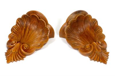 Lot 452 - A PAIR OF PITCH PINE SHELL CARVED WALL BRACKETS 33cm wide x 43cm high (2)