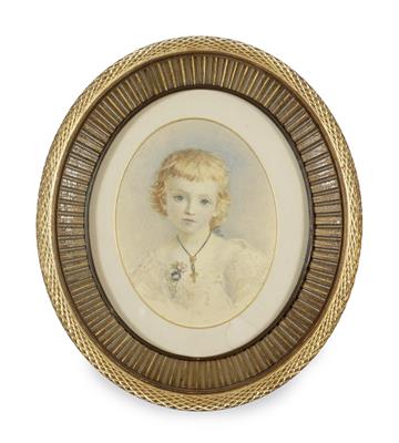 Lot 456 - A 19TH CENTURY ENGLISH SCHOOL WATERCOLOUR head and shoulder portrait of a young girl with golden hai