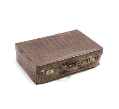 Lot 467 - AN OLD CROCODILE SKIN SUITCASE 70CM WIDE X 19.5CM HIGH