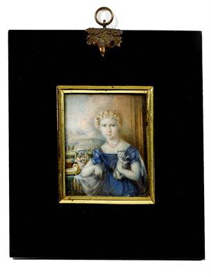 Lot 472 - A 19TH CENTURY PORTRAIT MINIATURE of a young girl with a cat