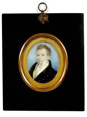 Lot 473 - A 19TH CENTURY PORTRAIT MINIATURE of a young man in a blue overcoat