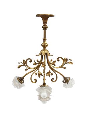 Lot 498 - A FRENCH GILT METAL FOUR LIGHT ELECTROLIER or ceiling lamp with three scrolling branches and glass f