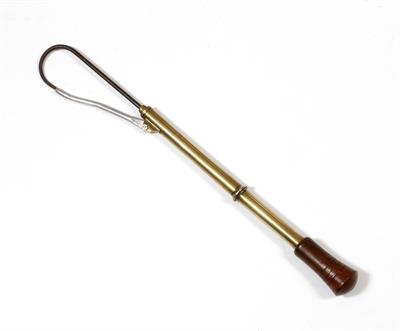 Lot 506 - AN OLD IRON AND BRASS TELESCOPIC FISHING GAFF with turned wooden handle 87cm long extended