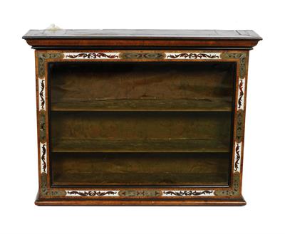 Lot 510 - A 19TH CENTURY CONTINENTAL WALNUT WALL HANGING INLAID DISPLAY CABINET with boule type inlay and bras