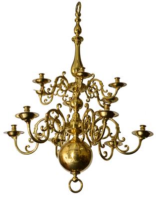 Lot 513 - A LARGE 19TH CENTURY DUTCH STYLE BRASS TWO TIER TWELVE LIGHT CHANDELIER with a turned central stem a