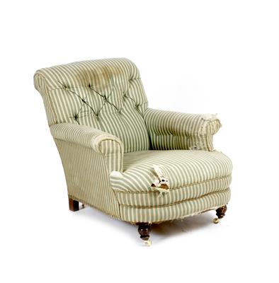 Lot 521 - A VICTORIAN CLUB ARMCHAIR with button upholstered back and scrolling arms and with tatty green and c