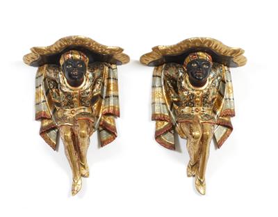 Lot 522 - A PAIR OF ANTIQUE VENETIAN CARVED AND PAINTED BLACKAMORE WALL BRACKETS 27.5cm wide x  34cm high (2)