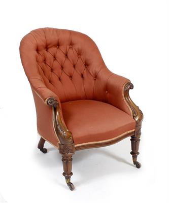 Lot 524 - AN EARLY VICTORIAN MAHOGANY FRAMED RED BUTTON BACK UPHOLSTERED TUB CHAIR with carved scrolling arms