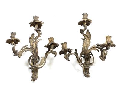 Lot 526 - A PAIR OF 19TH CENTURY ORMOLU THREE BRANCH WALL CANDLE SCONCES of pierced scrolling acanthus leaf fo