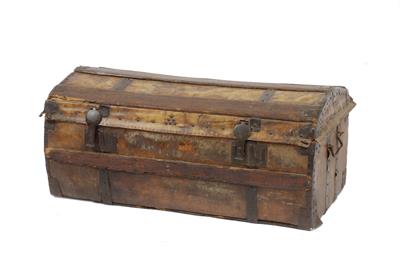 Lot 532 - A LATE 18TH / EARLY 19TH CENTURY FRENCH VELUM AND PINE DOME TOPPED COACH TRUNK with iron mounts and