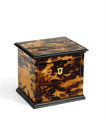 Lot 540 - A 19TH CENTURY TORTOISESHELL TEA CADDY with brass stringing and ebony mouldings to the edges