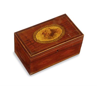 Lot 541 - A GEORGIAN MAHOGANY WORKBOX with boxwood and partridge wood stringing and cross banded decoration