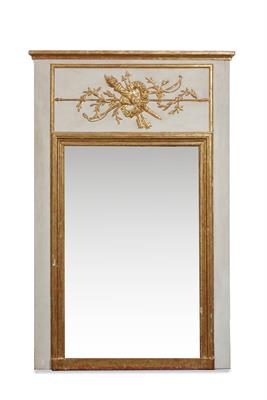 Lot 549 - AN OLD LOUIS XVI STYLE TRUMEAU MIRROR with gilt decoration on a cream painted ground