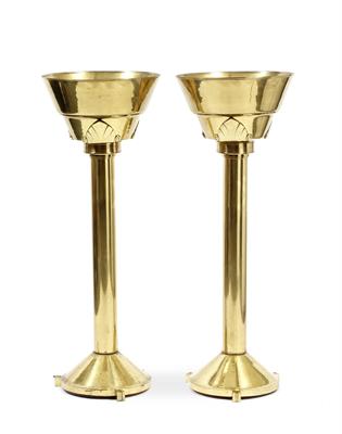 Lot 550 - A PAIR OF SPUN BRASS ART DECO UPLIGHTERS the conical tops with applied stylised acanthus leaf decora