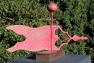 Lot 616 - A VICTORIAN RED PAINTED WROUGHT IRON WEATHER VANE with ball finial and pierced  indicator