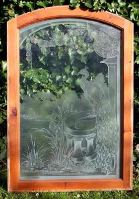 Lot 624 - A GROUP OF THREE ENGRAVED GLASS WINDOWS in arching pine frames