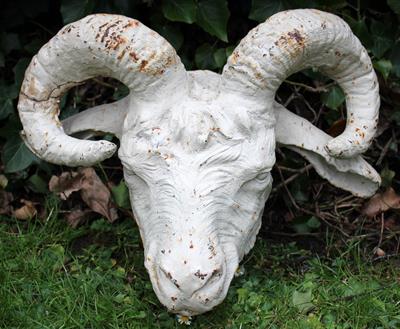 Lot 639 - AN ANTIQUE WHITE PAINTED CAST IRON WALL MOUNTED BUST OF A BILLY GOAT